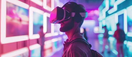 Virtual Art Gallery: A visual representation of a virtual art gallery or museum, with visitors wearing VR headsets and exploring digital artworks and exhibitions