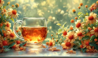 Poster Floral tea in a transparent mug on a background with flowers. © Andreas