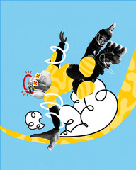 Active senior man in headphones skating on rollers on blue background with doodles. Contemporary...