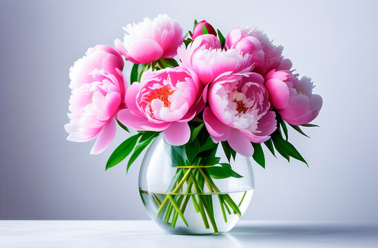 a bouquet of pink large peonies in a transparent vase in water stands on the table, light background