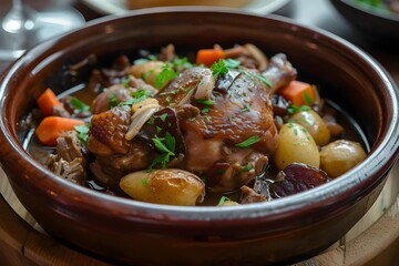Close-up of a French coq au vin dish, rich colors and rustic presentation, traditional cuisine, stock photo style.