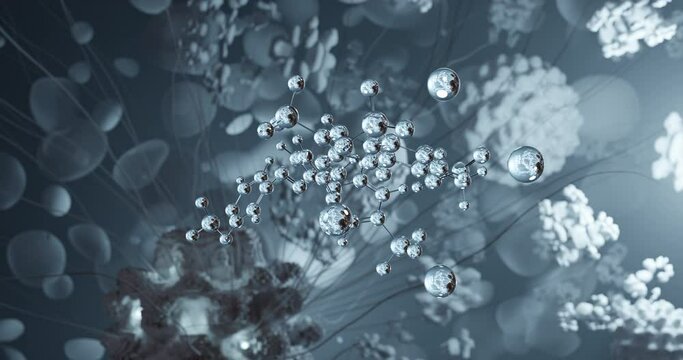 Brilliant Black BN rotating 3d molecule, molecular structure of food dye e151, seamless video