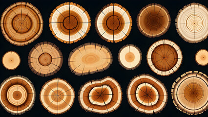 vector collection of tree rings saw cut tree trunk wood log cross. background of wood - obrazy, fototapety, plakaty