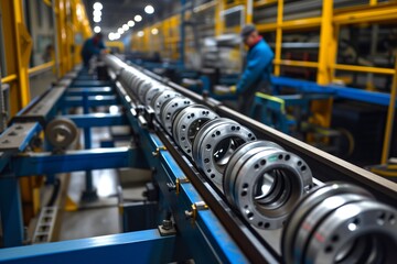 roller bearings assembly line with worker monitoring - obrazy, fototapety, plakaty