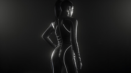 young beautiful woman in a thin tight-fitting jumpsuit made of nylon