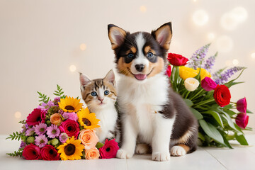 A puppy and a kitten smiling with a bouquet of flowers. Generative AI