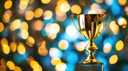 The image captures a shining golden trophy in sharp focus with a backdrop of multicolored bokeh lights, depicting a celebratory atmosphere often associated with achievements and victories.
