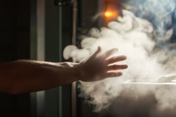 Fototapeta na wymiar hand passing through thick sauna steam near heater