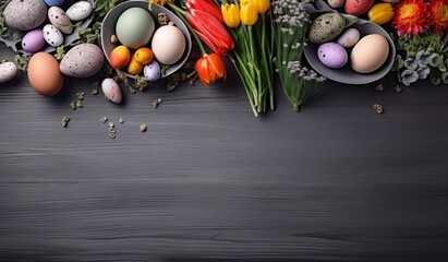 grey table background with coloring pencils, easter decor, flat with generative ai