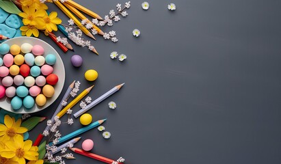 grey table background with coloring pencils, easter decor, flat with generative ai