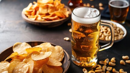 A frosty glass of beer accompanied by bowls of pistachios and potato chips is ready to be enjoyed, set against a dark, textured table surface.