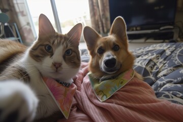 cat and dog wearing matching bandanas, taking a selfie