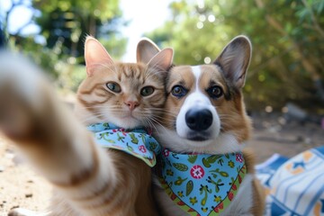 cat and dog wearing matching bandanas, taking a selfie