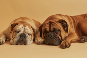 english bulldog and mastiff laying down, phone on timer mode - obrazy, fototapety, plakaty
