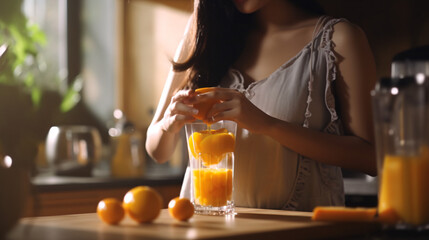 Woman squeezing orange juice in the kitchen. Close up.