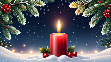 christmas background with candle and christmas tree. christmas or advent candle fir branches berry and red stars in snow against light garland