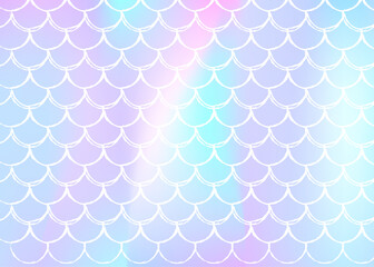 Holographic scale background with gradient mermaid. Bright color transitions. Fish tail banner and invitation. Underwater and sea pattern for girlie party. Colorful backdrop with holographic scale.