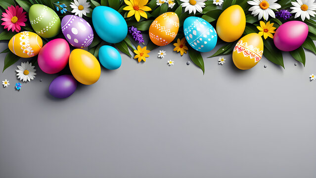 colorful Easter eggs and on light pastel background copy space. Easter eggs border