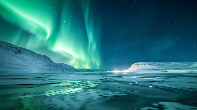 Green Northern Lights at night over the ice at the North Pole.