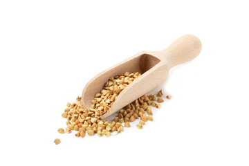 Green buckwheat in a wooden spoon isolated on a white background. Superfood. Raw buckwheat porridge. Healthy vegan food, eco products, diet, organic.