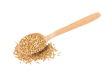 Green buckwheat in a wooden spoon isolated on a white background. Superfood. Raw buckwheat porridge. Healthy vegan food, eco products, diet, organic.