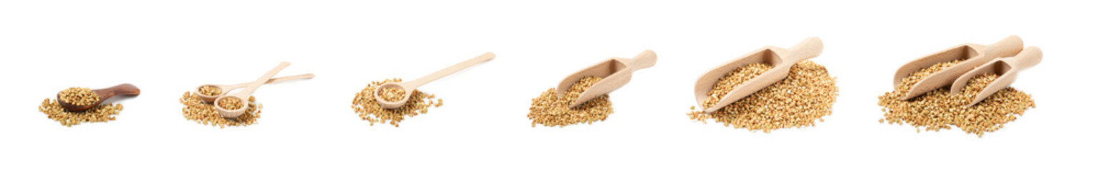 Green buckwheat in a wooden spoon isolated on a white background. Superfood. Raw buckwheat porridge. Healthy vegan food, eco products, diet, organic.