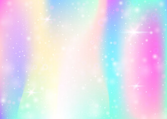 Fairy background with rainbow mesh.  Mystical universe banner in princess colors. Fantasy gradient backdrop with hologram. Holographic fairy background with magic sparkles, stars and blurs.