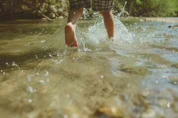 kid playing and splashing in a shallow creek spring