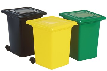 Three colorful recycling bins in green, yellow, and black, each with a closed lid and wheels, stand isolated against a white background, highlighting the concept of waste segregation.