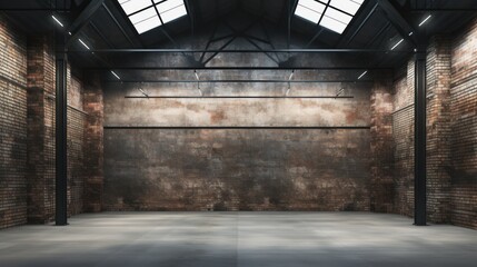 Empty old warehouse interior with brick walls, concrete floor, and a black steel roof structure