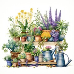 Illustration of a garden scene with various gardening equipment, flower pots, and blooming flowers