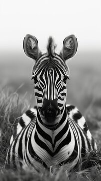Wallpaper for your phone, background for the screen of your smartphone with the image of a beautiful wild zebra in monochrome style