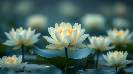Multiple pale yellow lotus flowers bloom across a calm pond, with a soft focus on the surrounding foliage