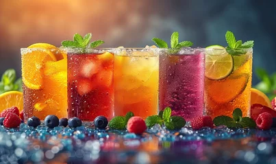 Fototapeten Drinks with berries and ice cubes on a blurred background. © Andreas