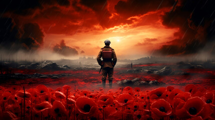 Lone soldier amid a crimson poppy field at dusk, contemplating war's grim reality and yearning for peace, merging historical memory with a vision for harmony.