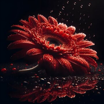 Beautiful red gerbera flower with water drops on black background. AI Generated