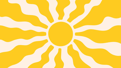 Groovy, hippie, retro sunny background. Abstract hand drawn doodle sunshine shapes in trendy childishly, naive art style. Contemporary summer poster, banner, vector template.