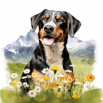 Appenzeller Sennenhund Aquarell Blumenwiese Haustier Portrait Niedlich Hund Kunst Frühling Blüten Natur Deko Wandbild Wohnzimmer Illustration Geschenk