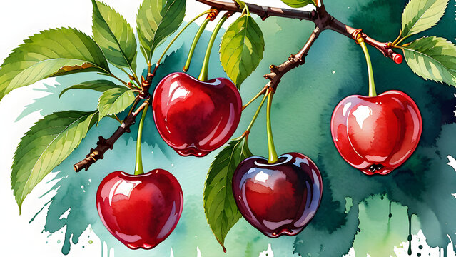 watercolor painting of ripe cherries on a branch. cherries fruit background