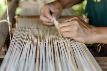 textile artisan adjusting tension on a manual loom