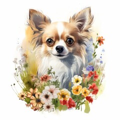 Chihuahua Aquarell Blumenwiese Haustier Portrait Niedlich Hund Kunst Frühling Blüten Natur Deko Wandbild Wohnzimmer Illustration Geschenk