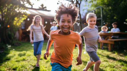 Fototapeta premium An African American boy running together other kids laughing enjoy egg hunting in the backyard