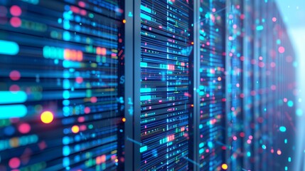 Dynamic and dramatic computer network diagram with servers, routers, and copy space