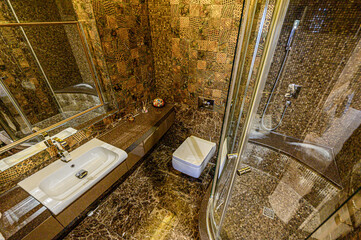interior apartment room bathroom, sink, decorative elements, toilet. WC, sanitary unit, wash room