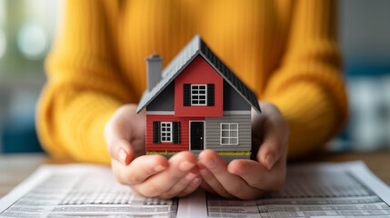 Close-up of woman hands holding a small model house, with rental property contracts in the background, representing income from real estate investments