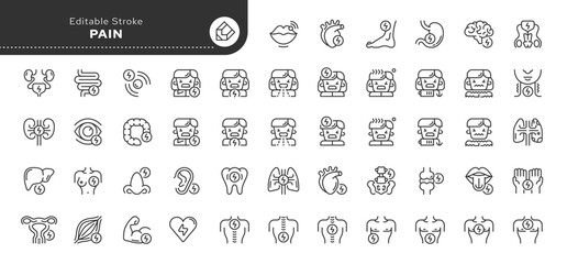 Set of line icons in linear style. Series - Pain. Human pain in the body and organs. Outline icon collection. Conceptual pictogram - obrazy, fototapety, plakaty