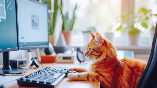 Home office setup with a cat laying on the keyboard concept for remote work struggle
