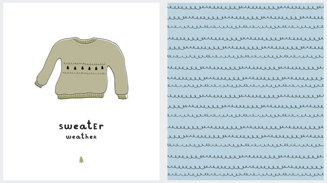 Sweater Weather. Winter Holidays Vector Illustration and Seamless Pattern. Hand Drawn Ungly Green Sweater Isolated on a White Background. Irregular Geometric Pattern with White Looped Lines on a Blue.