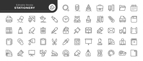 Fototapeta na wymiar Set of line icons in linear style. Series - Stationery. Office products and supplies for documentation, study and creativity. Outline icon collection. Pictogram and infographic.