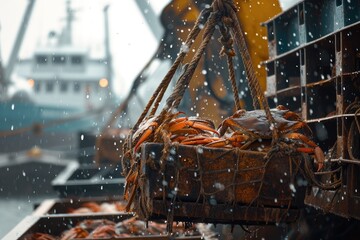 Off loading crabs. Northern ocean fishery, fishing industry. - obrazy, fototapety, plakaty